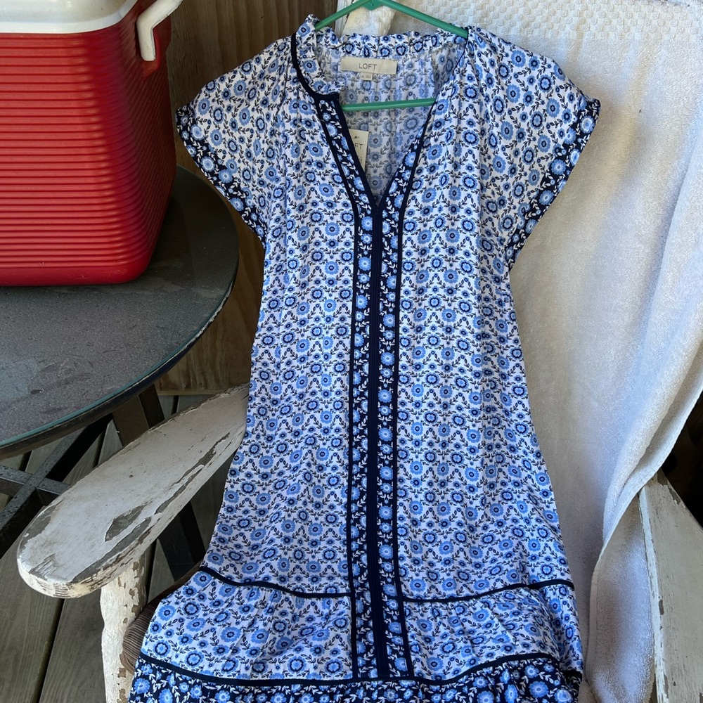 LOFT Blue and White Floral Midi Dress